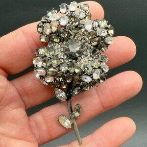 Vintage Black Rhinestone Flower Brooch Smoky Gray Crystal Statement Pin